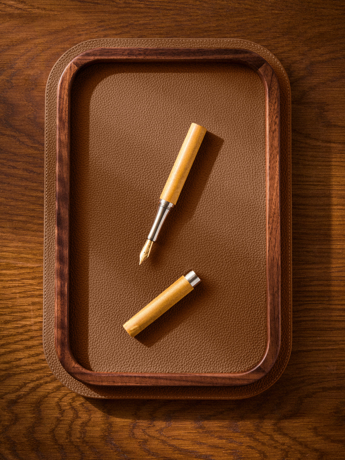 Giobagnara x Poltrona Frau - Walnut and Leather Tray (12.5in/31.5cm) - Tan - ABASK