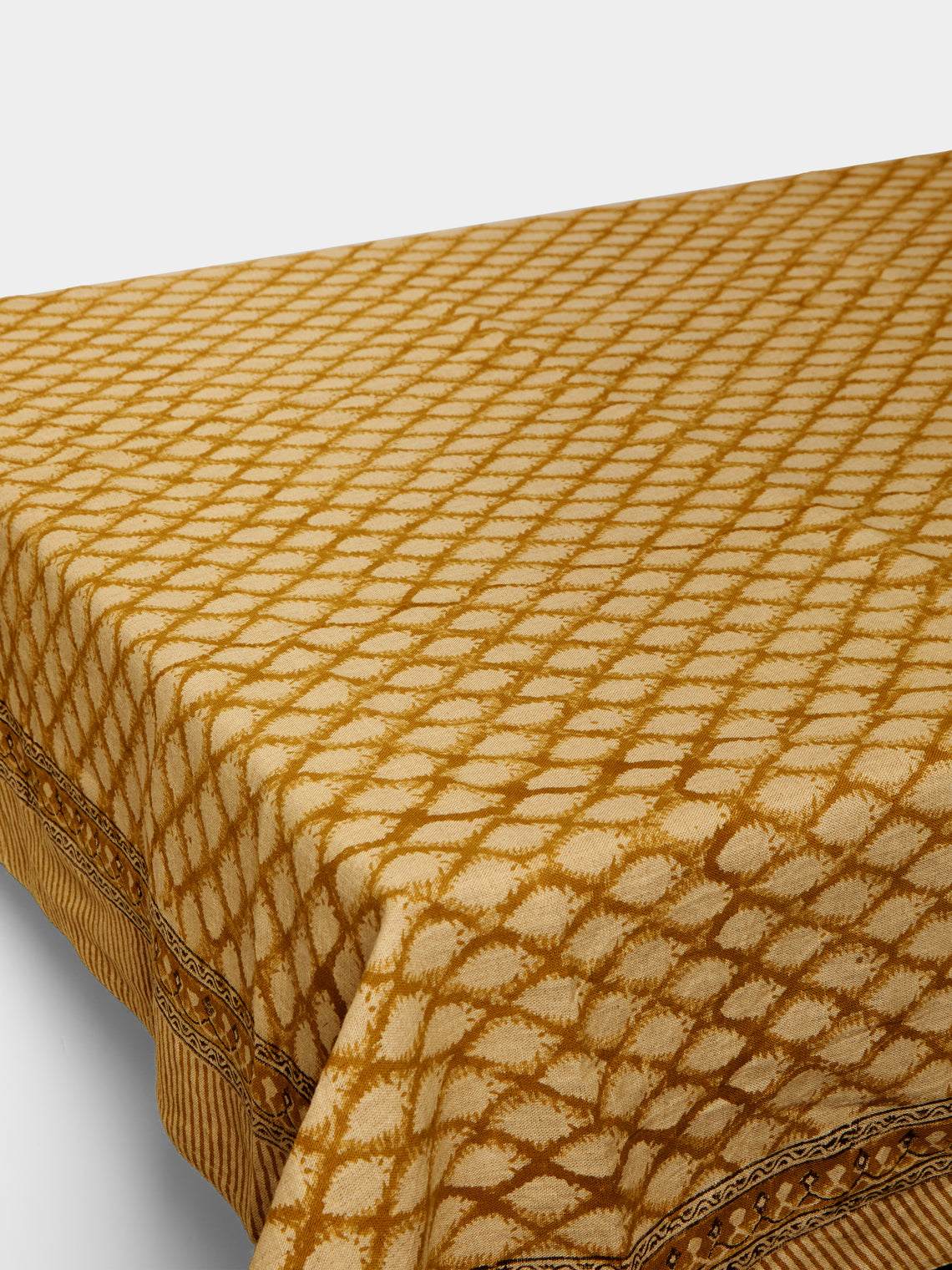 Chamois - Cypress Block-Printed Linen Rectangular Tablecloth (138in/3.5m) - Orange - ABASK
