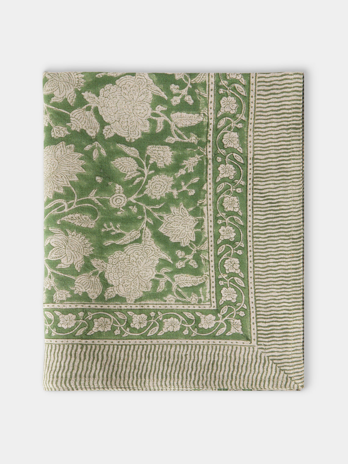Chamois - Parrot Block-Printed Linen Rectangular Tablecloth (106.5in/2.7m) - Green - ABASK - 