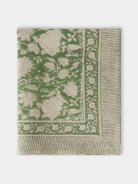 Chamois - Parrot Block-Printed Linen Rectangular Tablecloth (106.5in/2.7m) - Green - ABASK - 