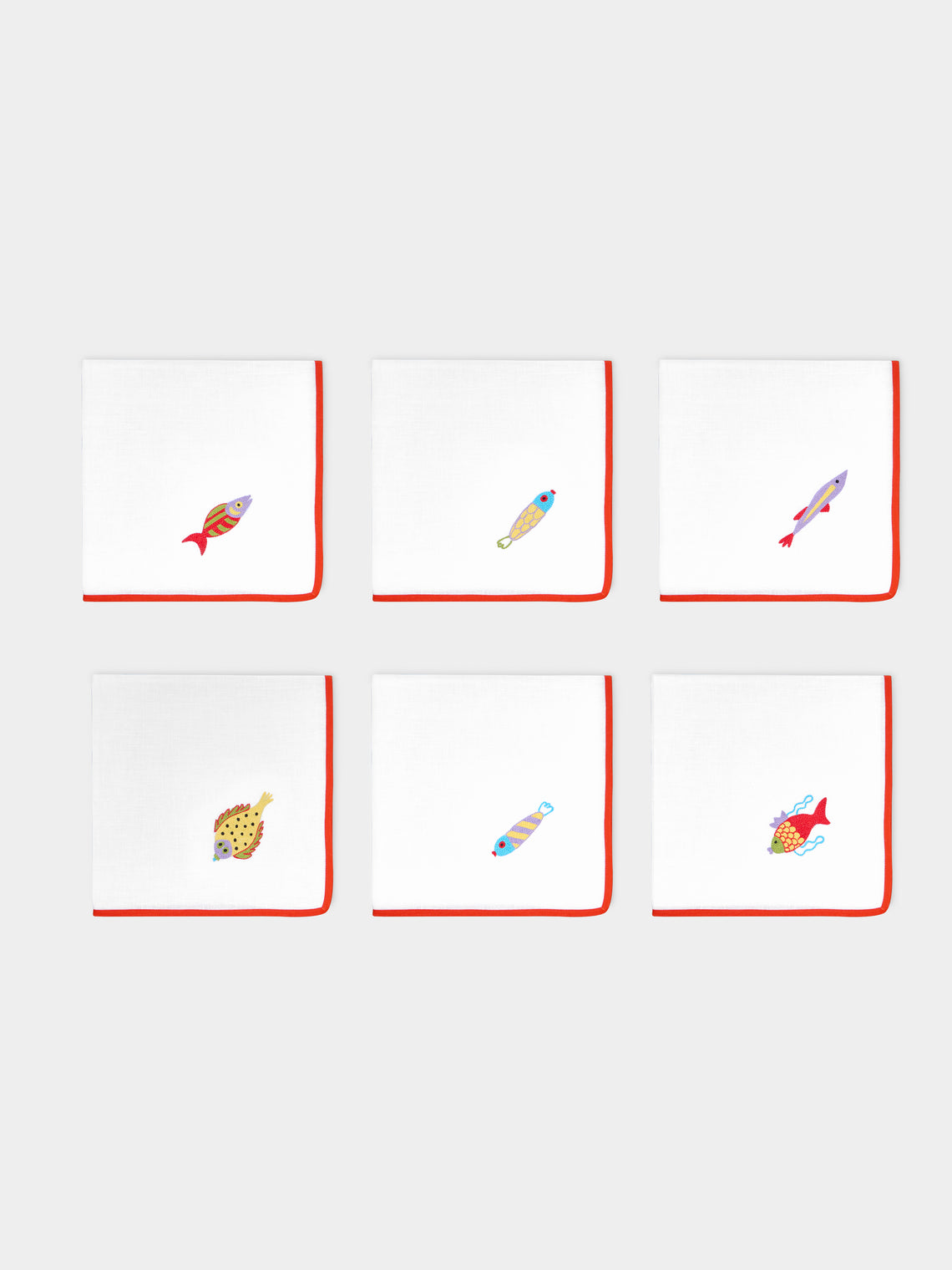Loretta Caponi - Mendini Fish Hand-Embroidered Linen Napkins (Set of 6) -  - ABASK - 