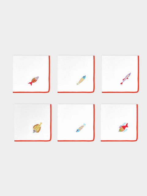 Loretta Caponi - Mendini Fish Hand-Embroidered Linen Napkins (Set of 6) -  - ABASK - 