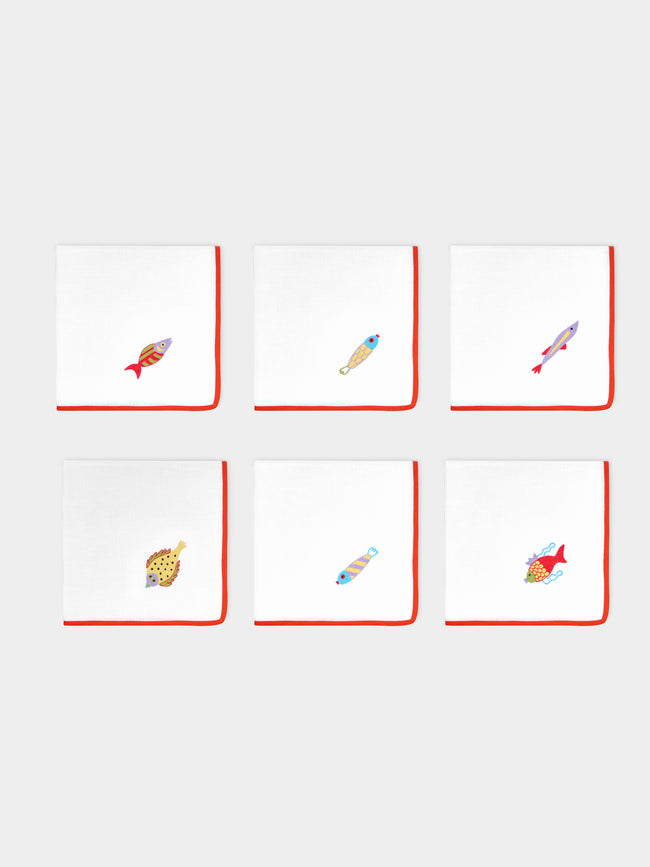Loretta Caponi - Mendini Fish Hand-Embroidered Linen Napkins (Set of 6) -  - ABASK - 