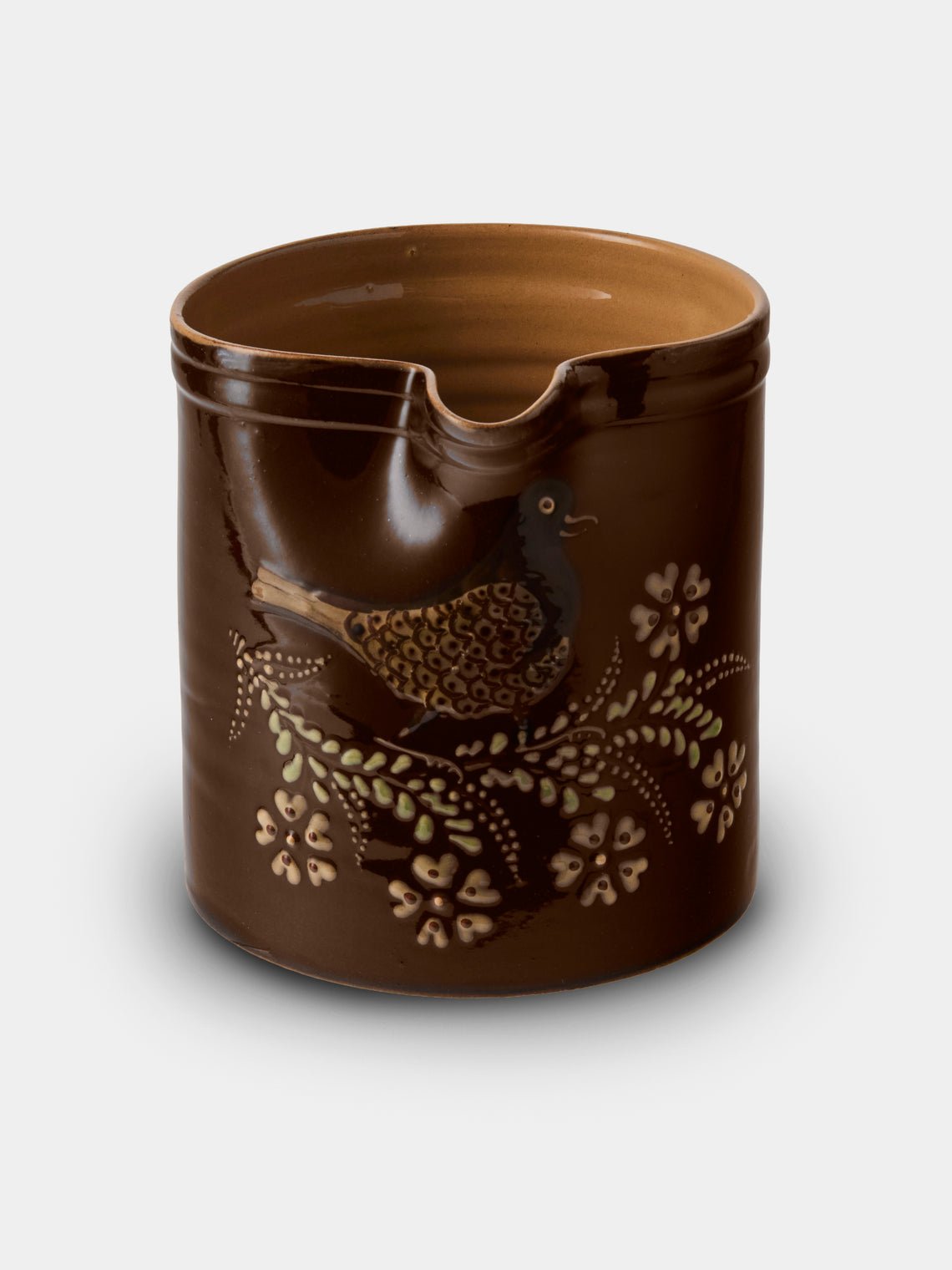 Poterie d’Évires - Birds Hand-Painted Ceramic Straight-Edge Medium Jug - Dark Brown - ABASK