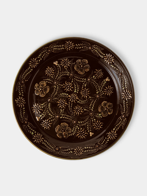 Poterie d’Évires - Flowers Hand-Painted Ceramic Round Platter - Dark Brown - ABASK - 