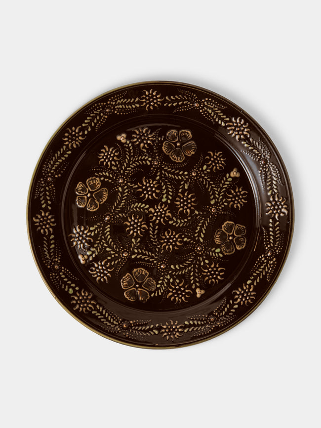 Poterie d’Évires - Flowers Hand-Painted Ceramic Round Platter - Dark Brown - ABASK - 