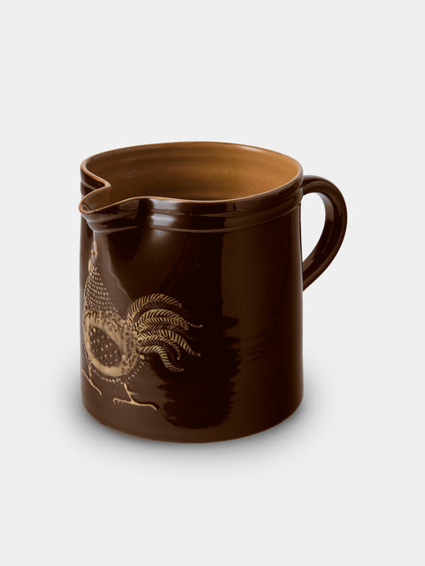 Poterie d’Évires - Chickens Hand-Painted Ceramic Straight-Edge Medium Jug - Dark Brown - ABASK - 