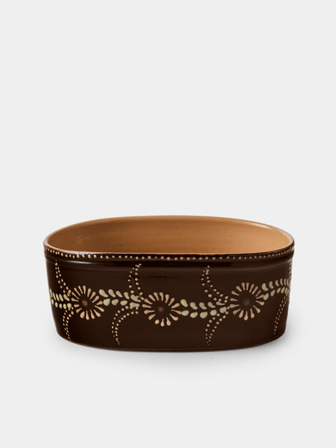 Poterie d’Évires - Flowers Hand-Painted Ceramic Mini Oval Dish - Dark Brown - ABASK - 