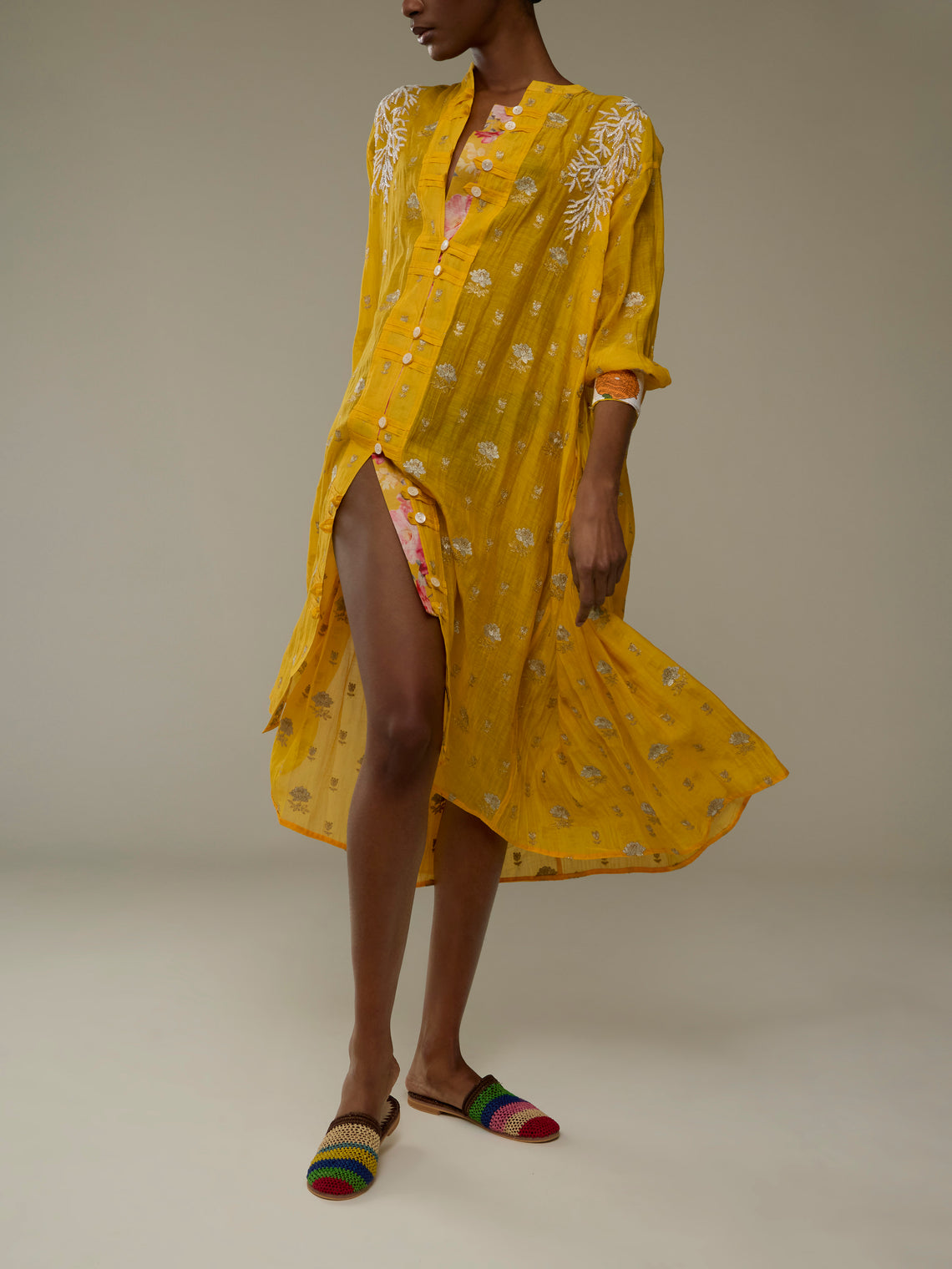 Nazzy Beglari - Hand-Embroidered Brocade Cotton Shirt Dress | One Size -  - ABASK
