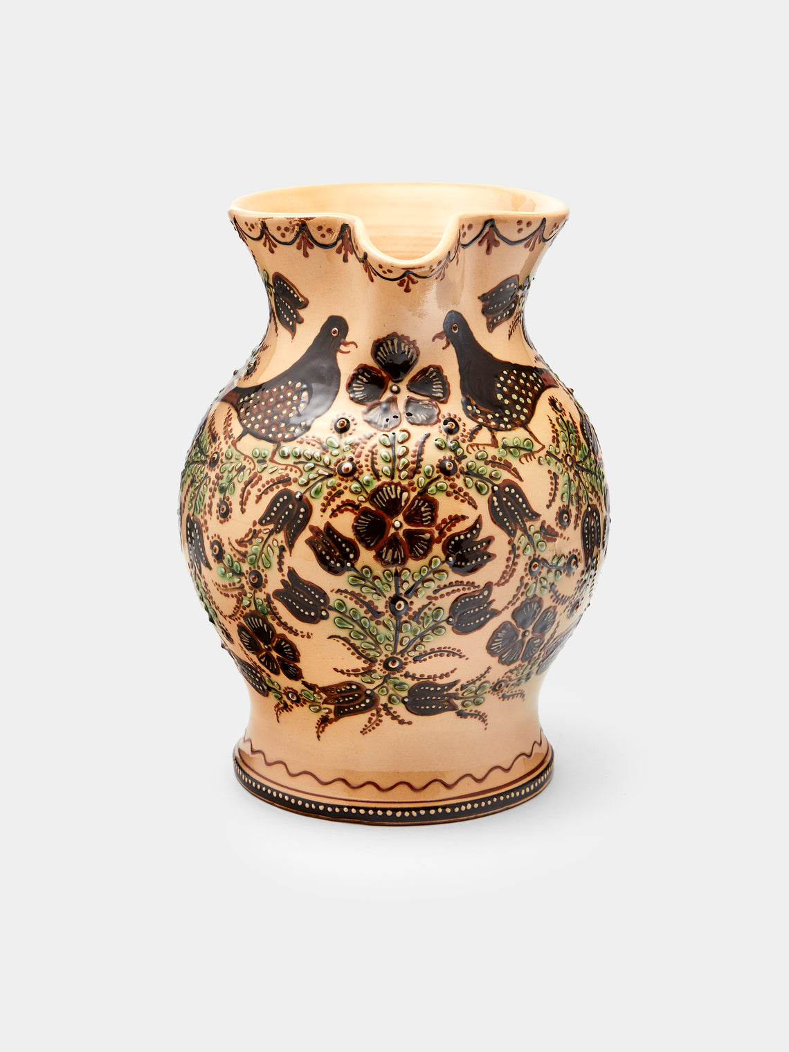 Poterie d’Évires - Birds Hand-Painted Ceramic Large Round Jug - Cream - ABASK