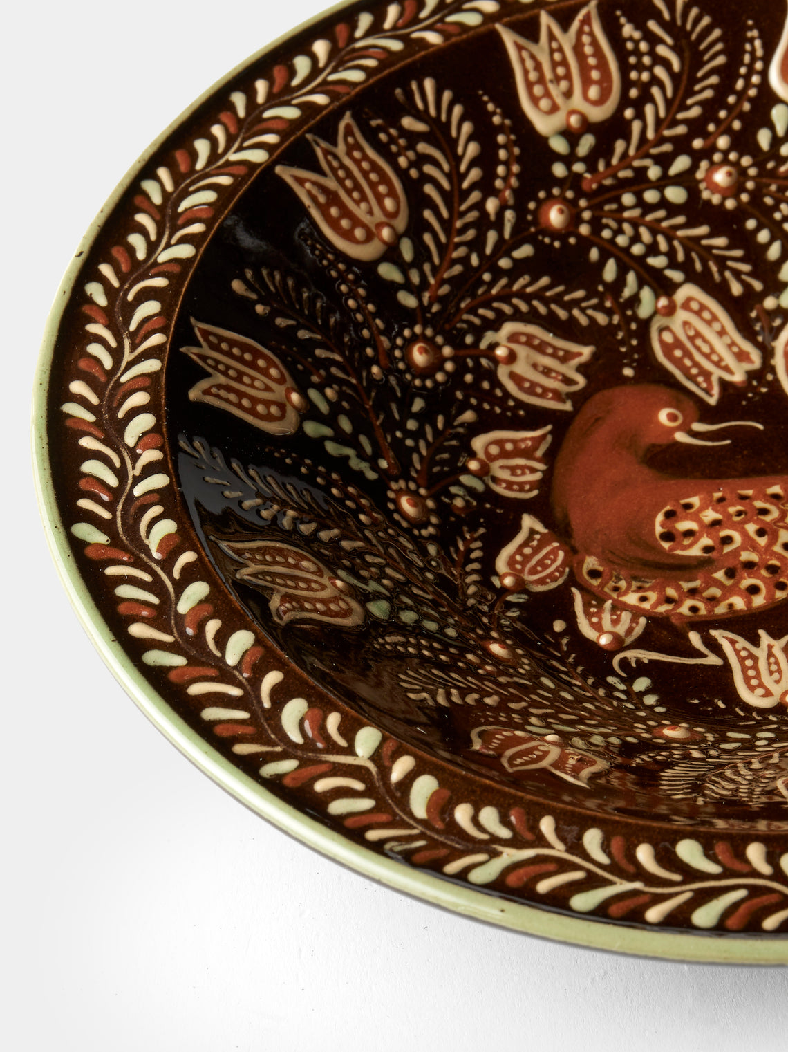 Poterie d’Évires - Birds Hand-Painted Ceramic Serving Bowl - Dark brown - ABASK