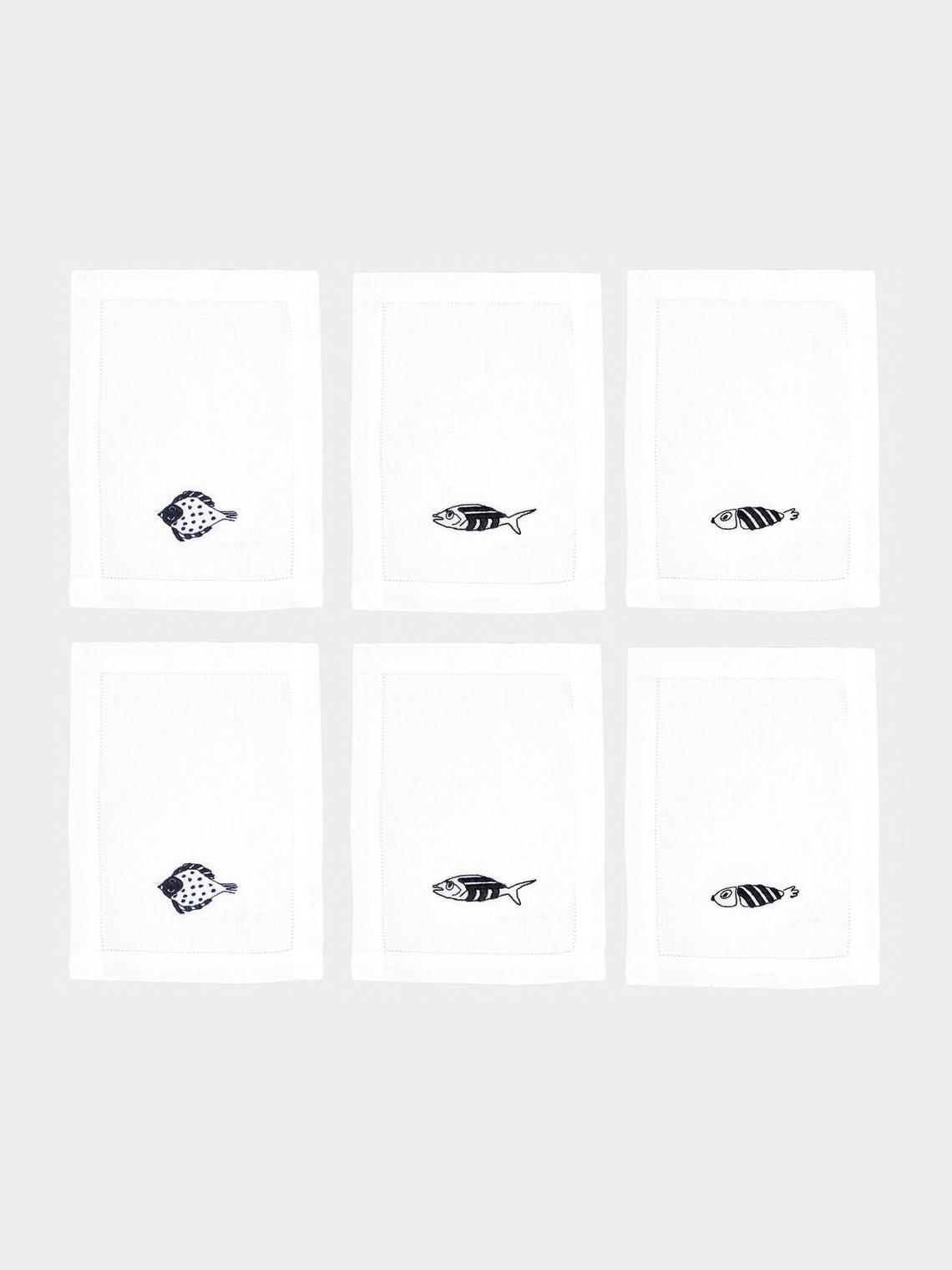 Loretta Caponi - Mendini Fish Hand-Embroidered Linen Cocktail Napkins (Set of 6) - White - ABASK - 