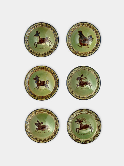 Poterie d’Évires - Animals Hand-Painted Ceramic Breakfast Bowls (Set of 6) - Green - ABASK