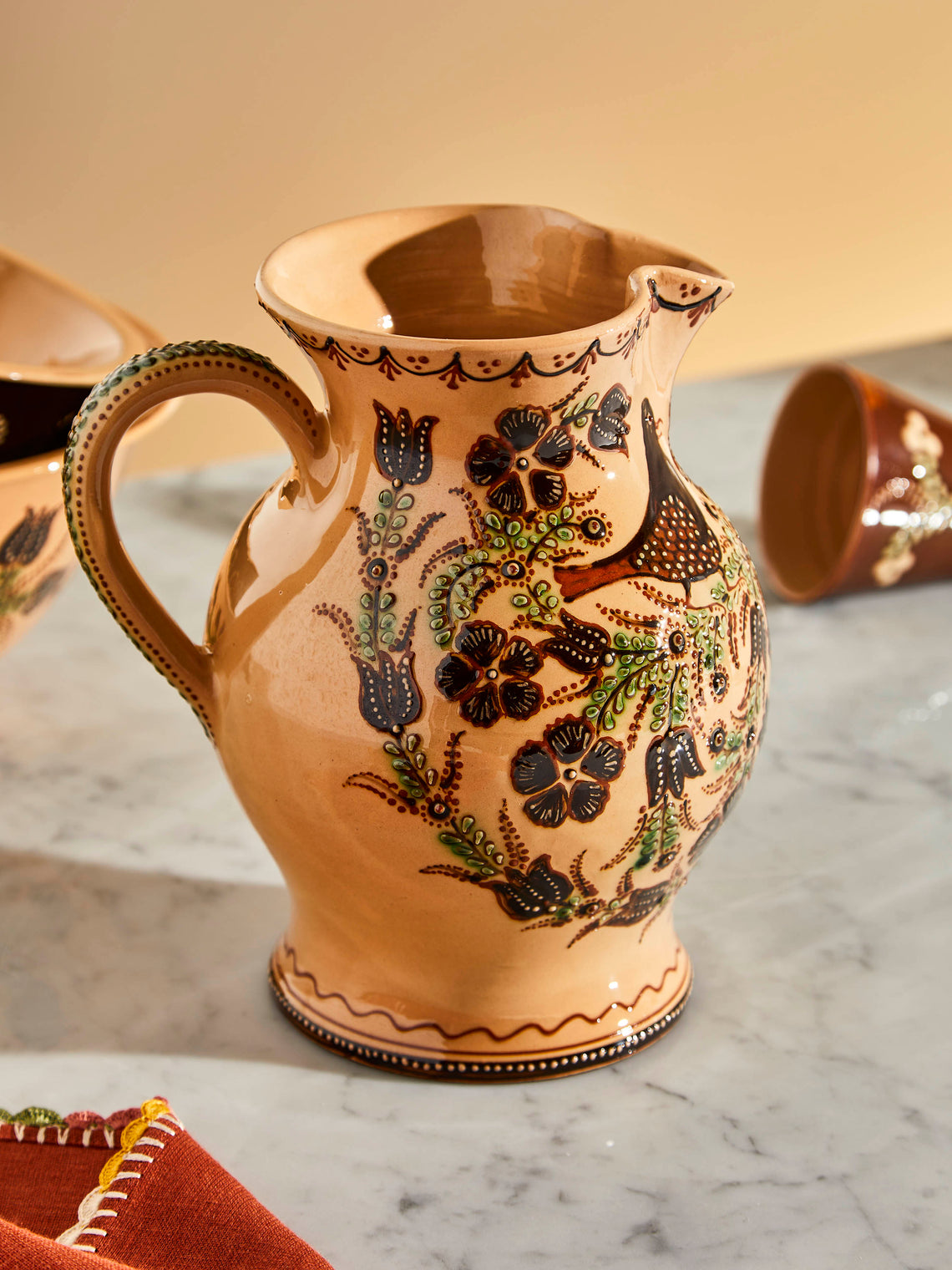 Poterie d’Évires - Birds Hand-Painted Ceramic Large Round Jug - Cream - ABASK