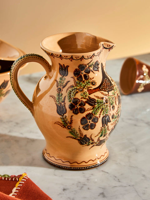 Poterie d’Évires - Birds Hand-Painted Ceramic Large Round Jug - Cream - ABASK