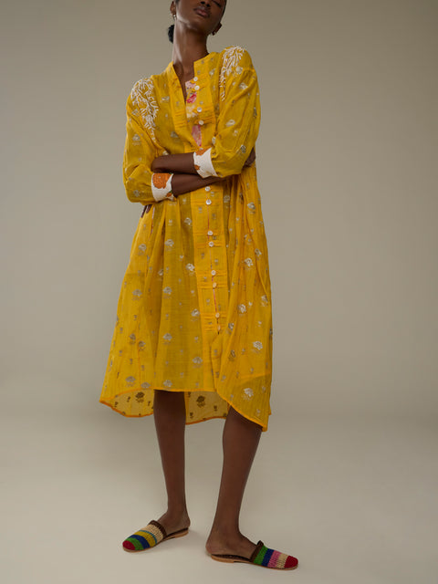 Nazzy Beglari - Hand-Embroidered Brocade Cotton Shirt Dress | One Size -  - ABASK
