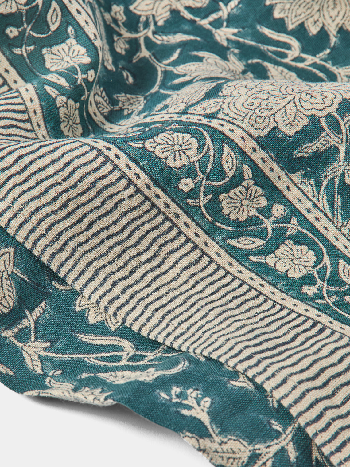 Chamois - Indian Rose Block-Printed Linen Extra Large Rectangular Tablecloth - Blue - ABASK