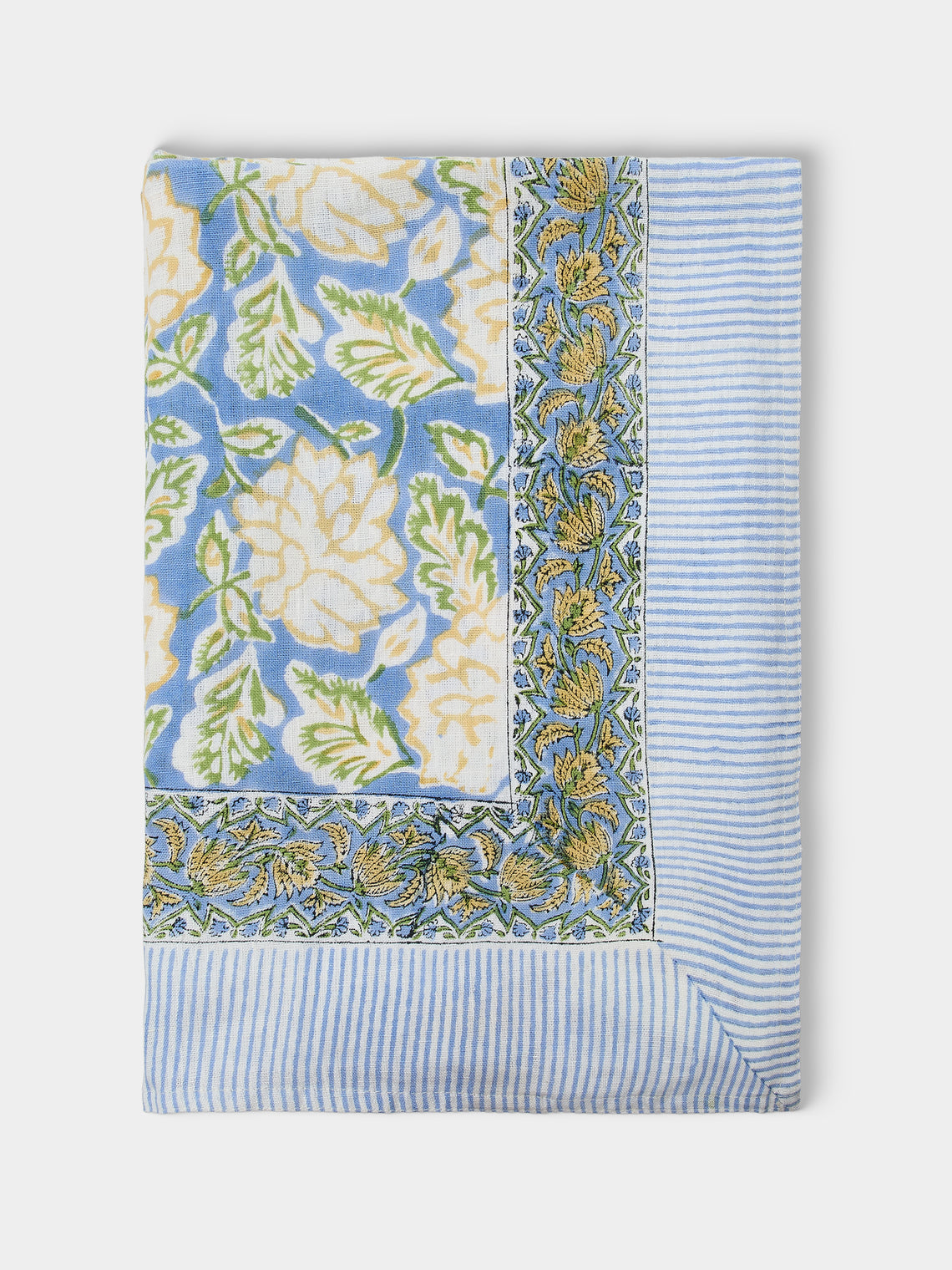 Chamois - Dahlia Block-Printed Linen Rectangular Tablecloth (138in/3.5m) - Blue - ABASK