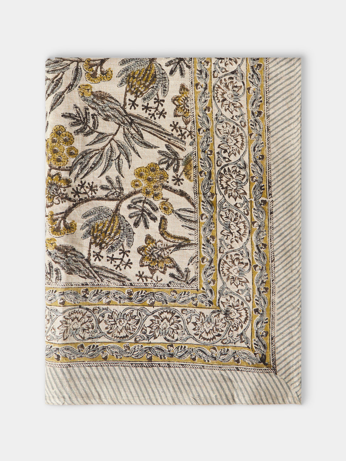 Chamois - Parrots Block Printed Linen Tablecloth (138in/3.5m) - Natural - ABASK - 