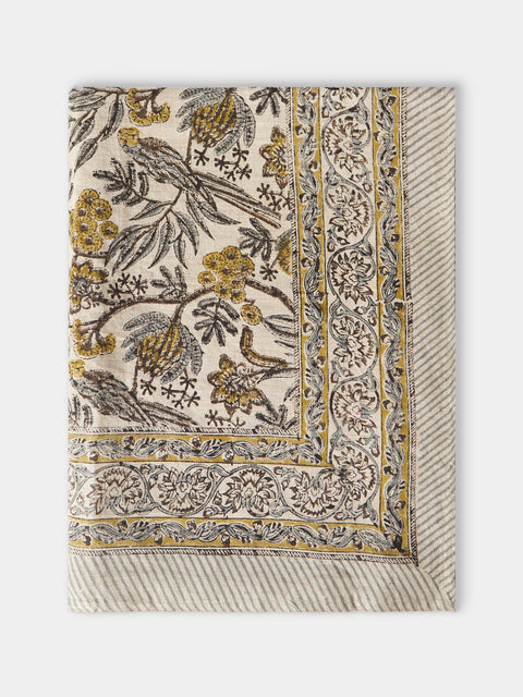 Chamois - Parrots Block Printed Linen Tablecloth (138in/3.5m) - Natural - ABASK - 