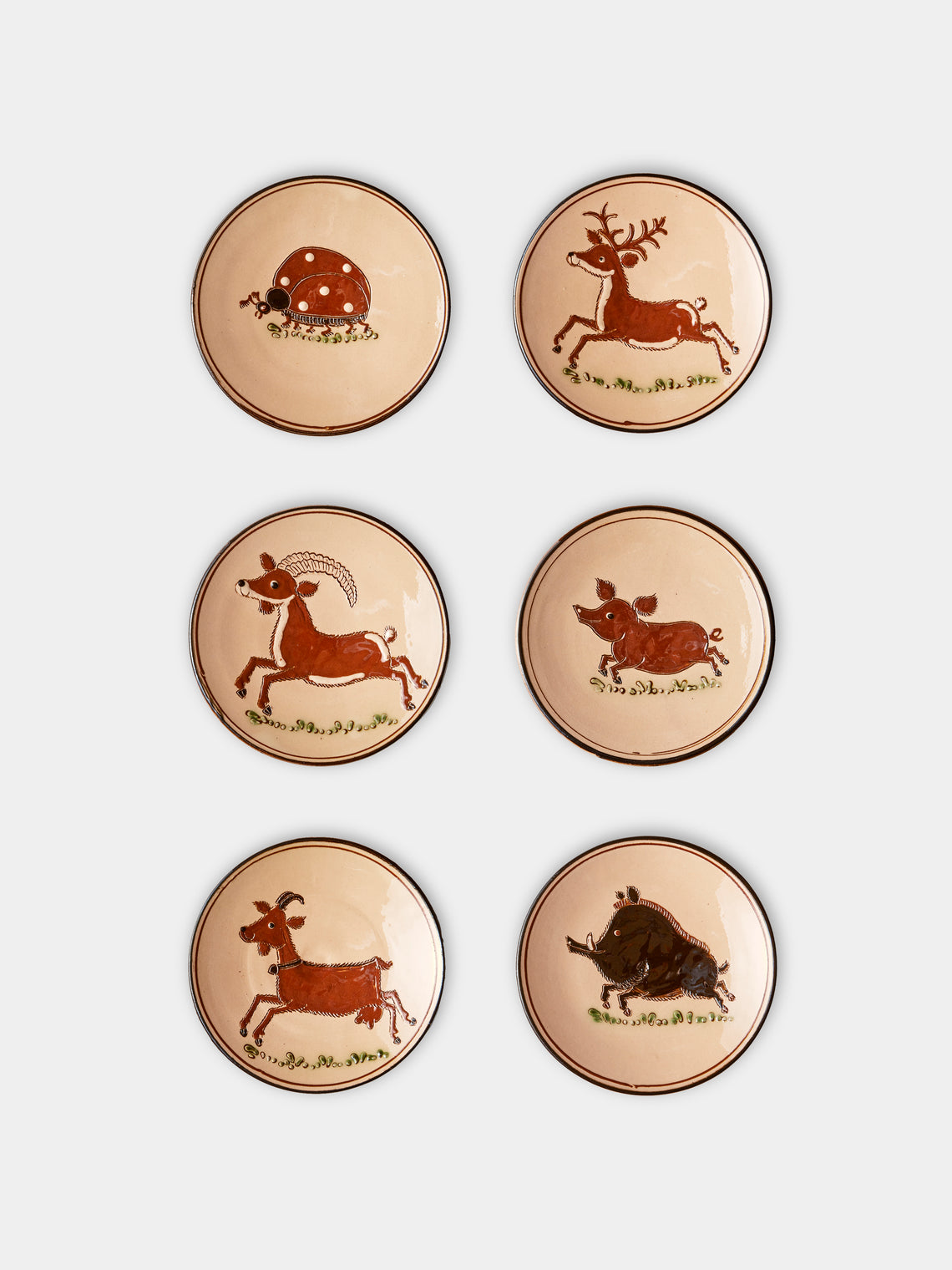 Poterie d’Évires - Animals Hand-Painted Ceramic Small Raised Plates (Set of 6) - Cream - ABASK