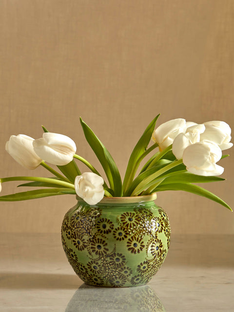 Poterie d’Évires - Flowers Hand-Painted Ceramic Vase - Green - ABASK