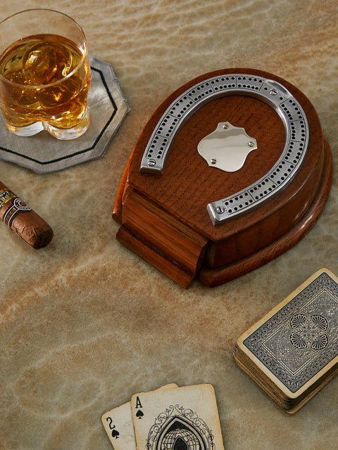 Antique and Vintage - 1910s Horse English Oak and Silver-Plated Cribbage & Cards Box -  - ABASK