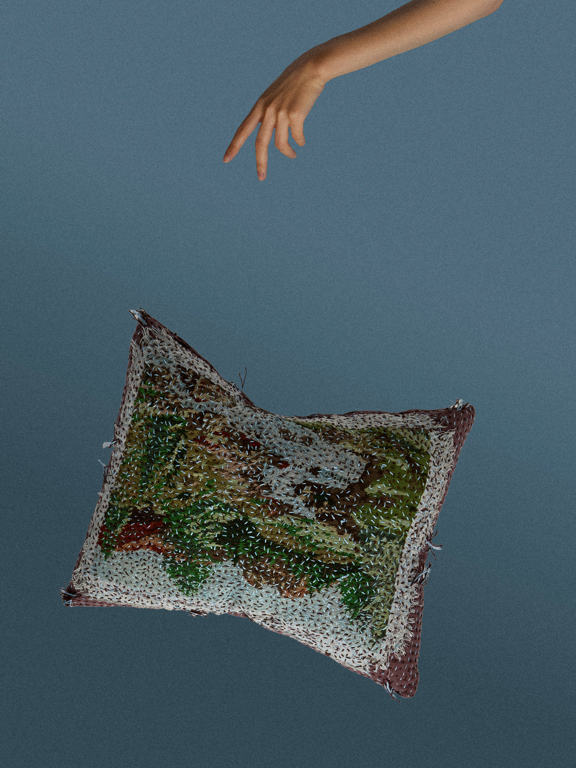 By Walid - 1910s Needlepoint Wool and Damask Cushion (17.5in/45cm) - Multiple - ABASK