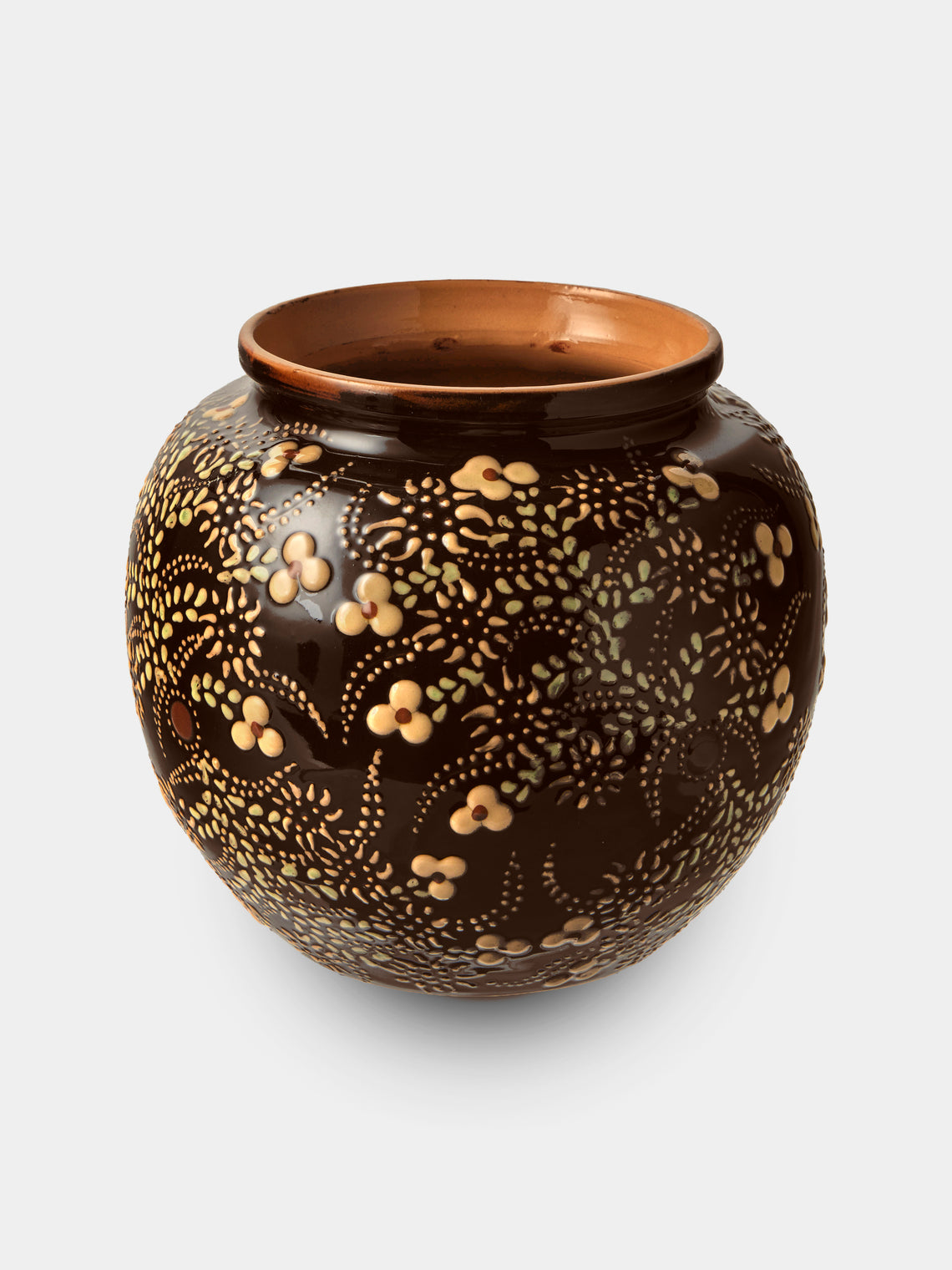 Poterie d’Évires - Flowers Hand-Painted Ceramic Vase (7in/18cm) - Dark Brown - ABASK - 