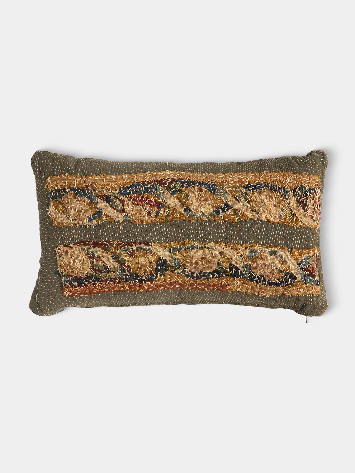 By Walid - 19th-Century French Napoleon III Aubusson Tapestry and Hemp Cushion (21.5in/55cm) - Blue - ABASK - 