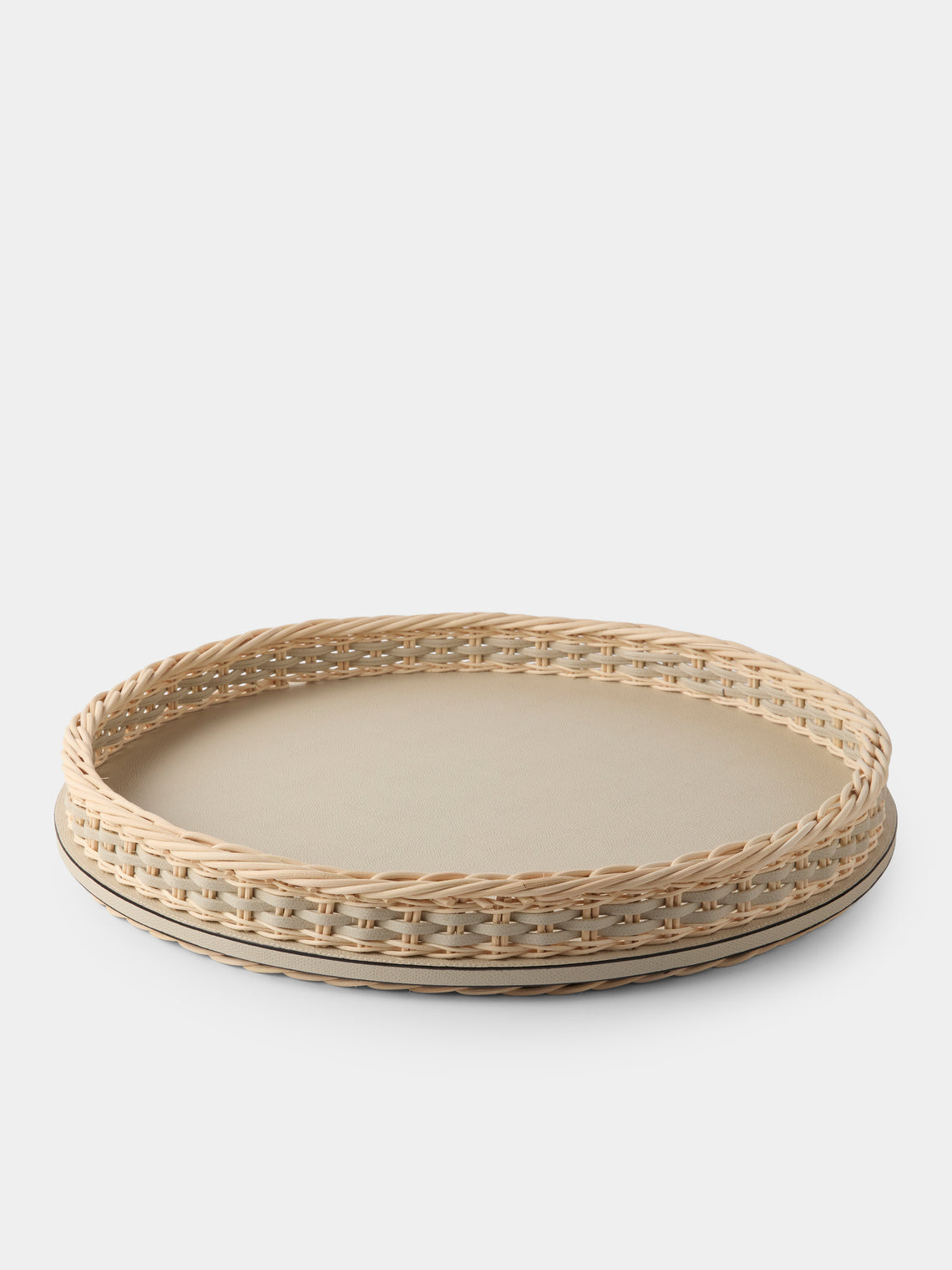 Pigment France - Orsay Leather and Rattan Round Tray (18.5in/46.5cm) - Cream - ABASK