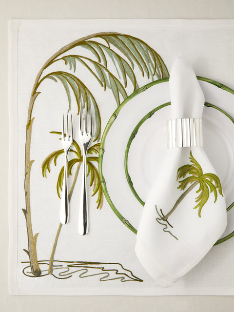 Loretta Caponi - Palm Tree Hand-Embroidered Linen Rectangular Placemats (Set of 2) -  - ABASK