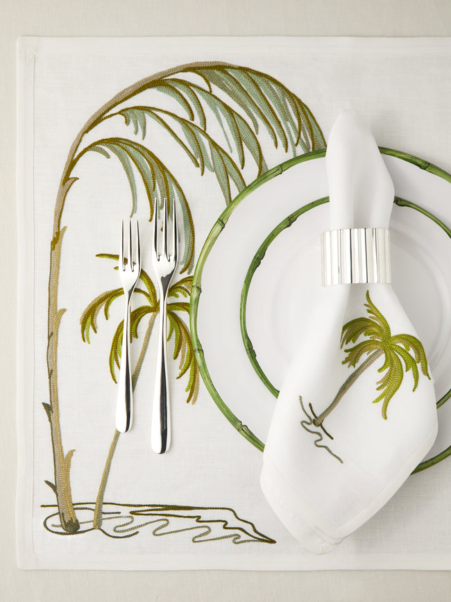 Loretta Caponi - Palm Tree Hand-Embroidered Linen Rectangular Placemats (Set of 2) -  - ABASK