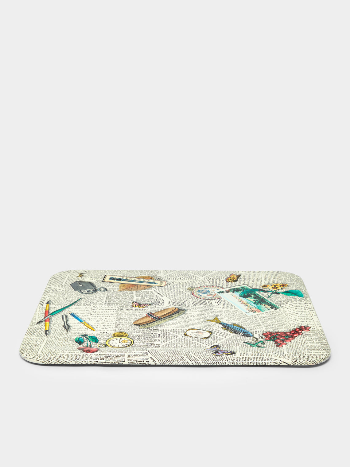 Fornasetti - Oggetti Sparsi su Giornale Hand-Painted Wood Tray -  - ABASK