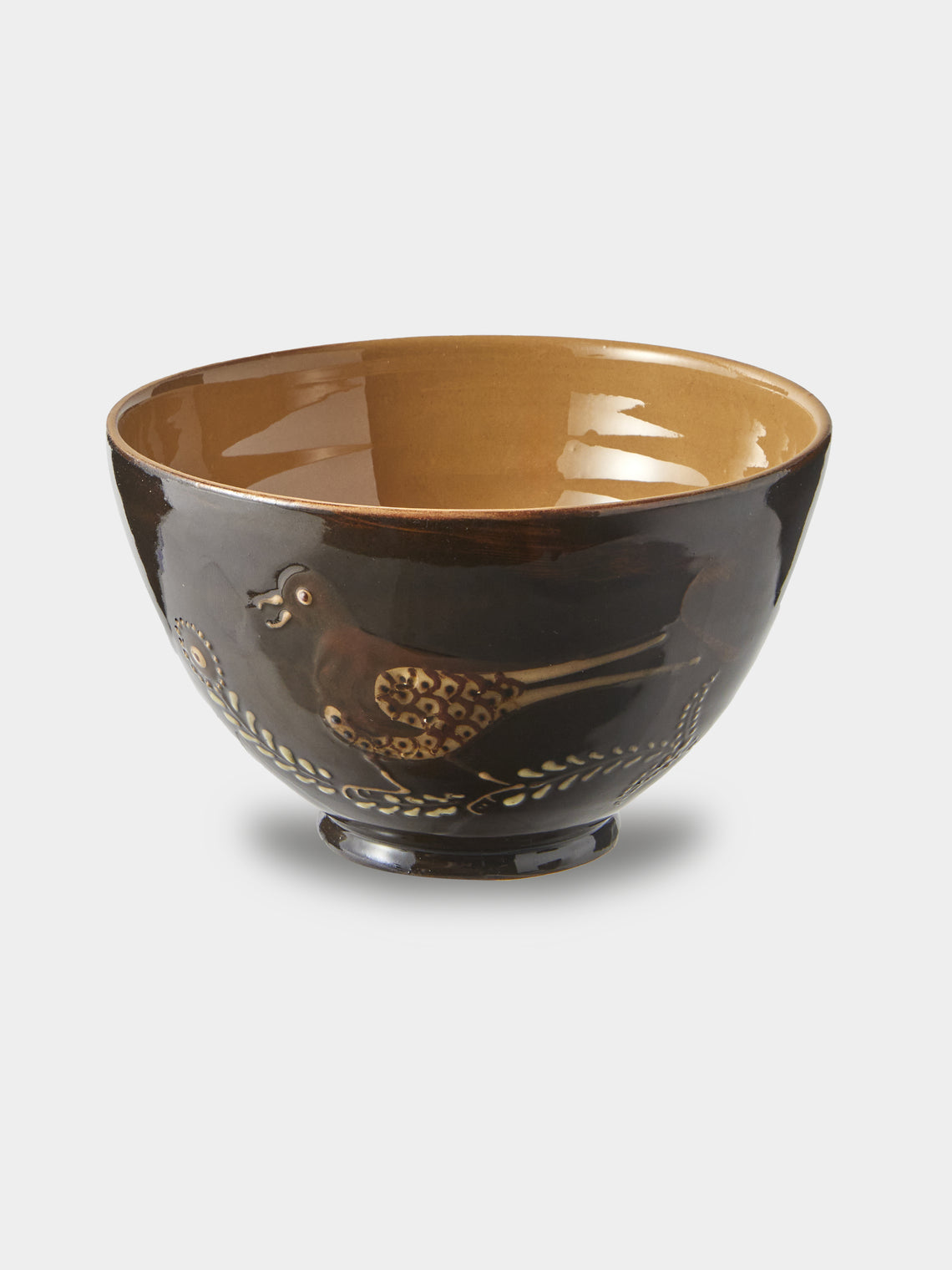 Poterie d’Évires - Birds and Flowers Hand-Painted Ceramic Grand Bowls (Set of 4) - Dark Brown - ABASK