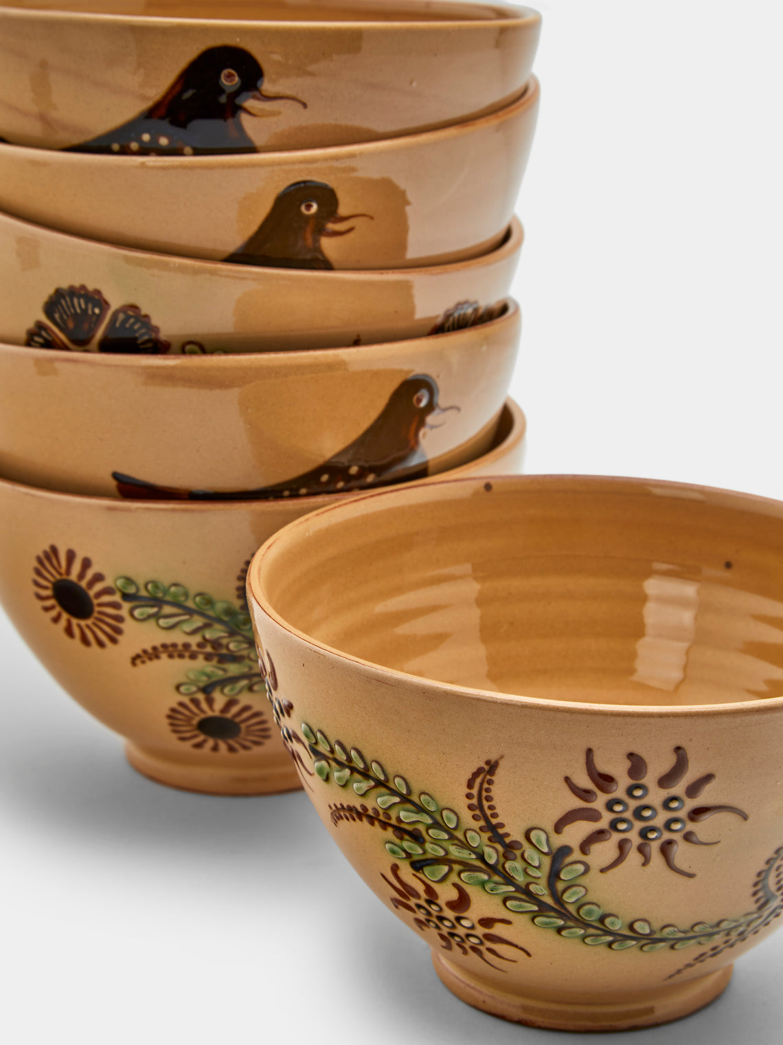 Poterie d’Évires - Flowers and Birds Hand-Painted Ceramic Bowls (Set of 6) - Cream - ABASK