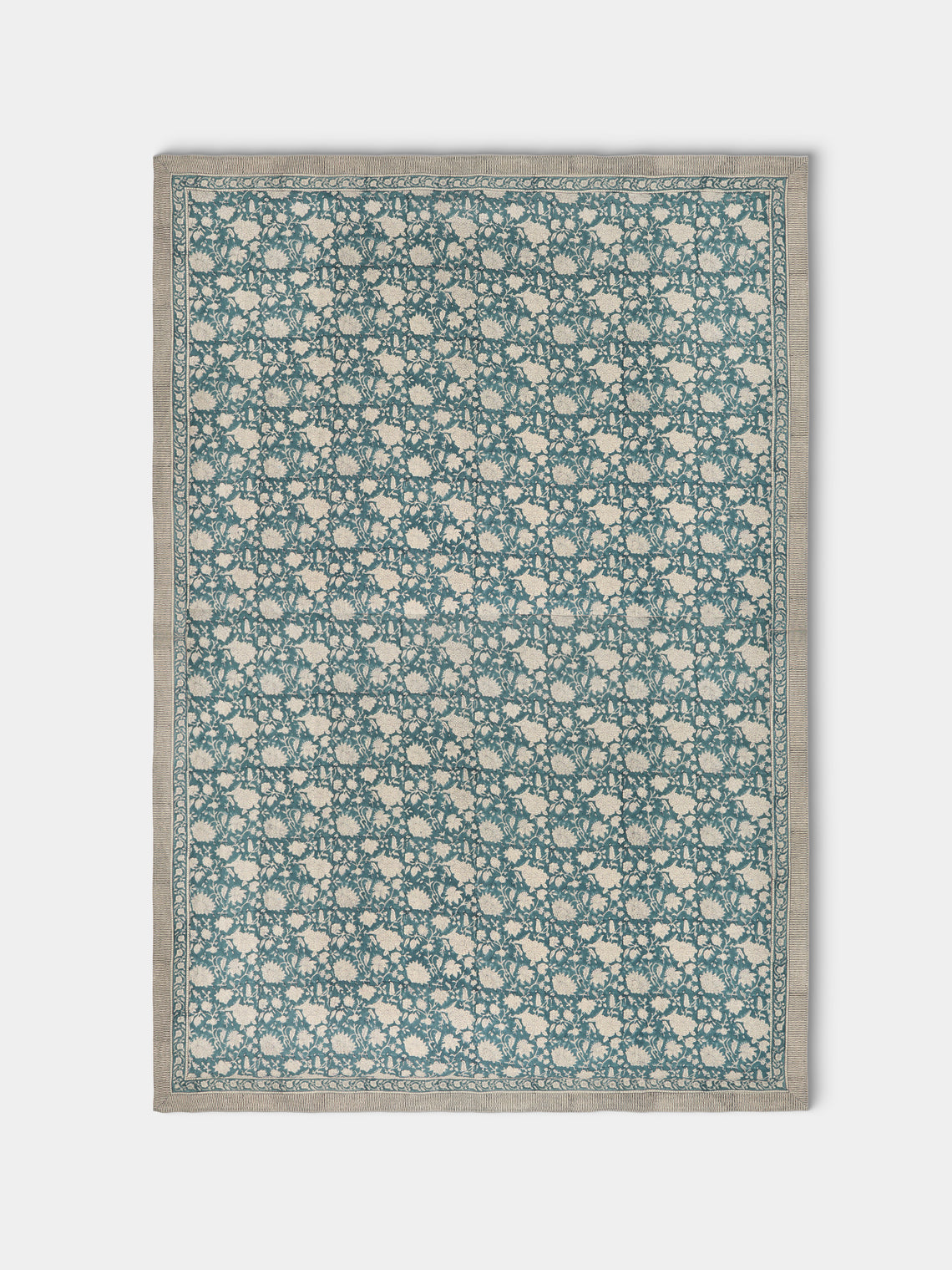 Chamois - Indian Rose Block-Printed Linen Rectangular Tablecloth - Blue - ABASK