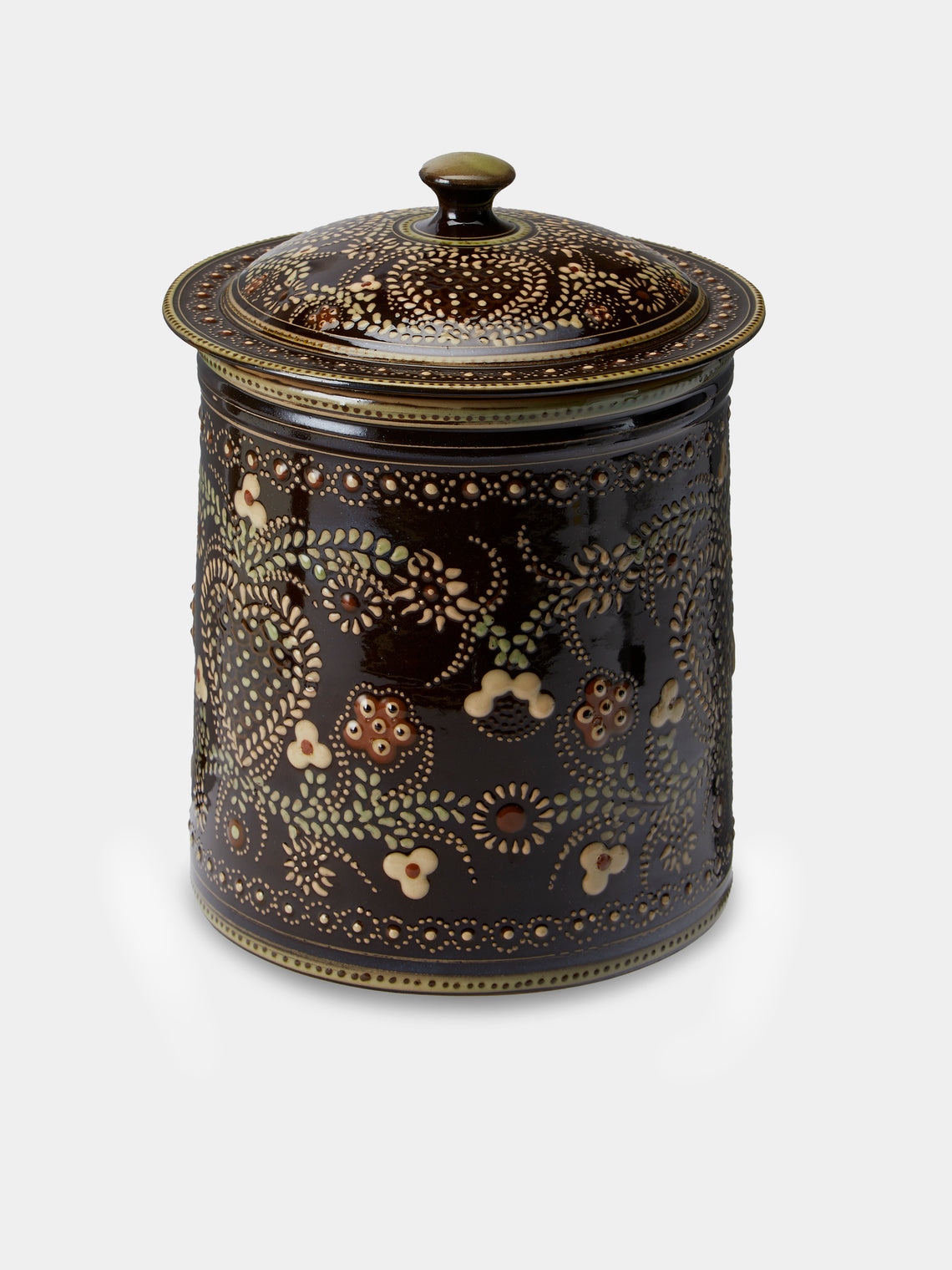 Poterie d’Évires - Flowers Hand-Painted Ceramic Large Lidded Pot - Dark brown - ABASK - 