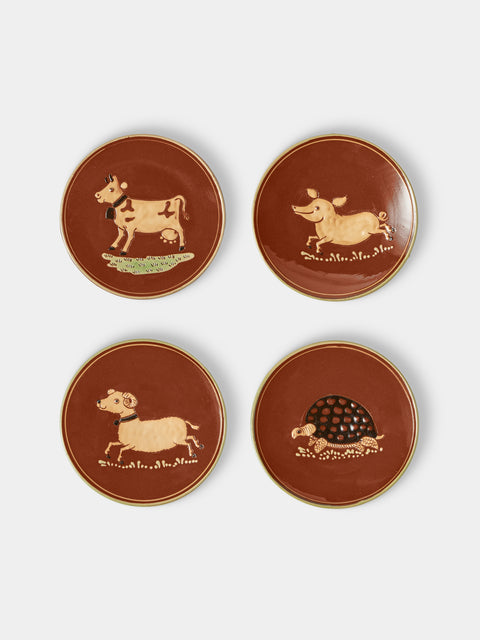 Poterie d’Évires - Animals Hand-Painted Ceramic Plates – 5.5in/14cm (Set of 4) - Light Brown - ABASK - 
