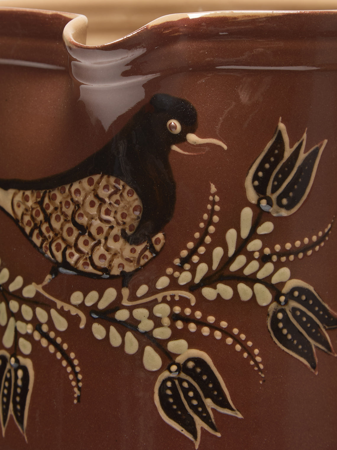 Poterie d’Évires - Birds Hand-Painted Ceramic Straight-Edge Jug (34oz/1L) - Light brown - ABASK