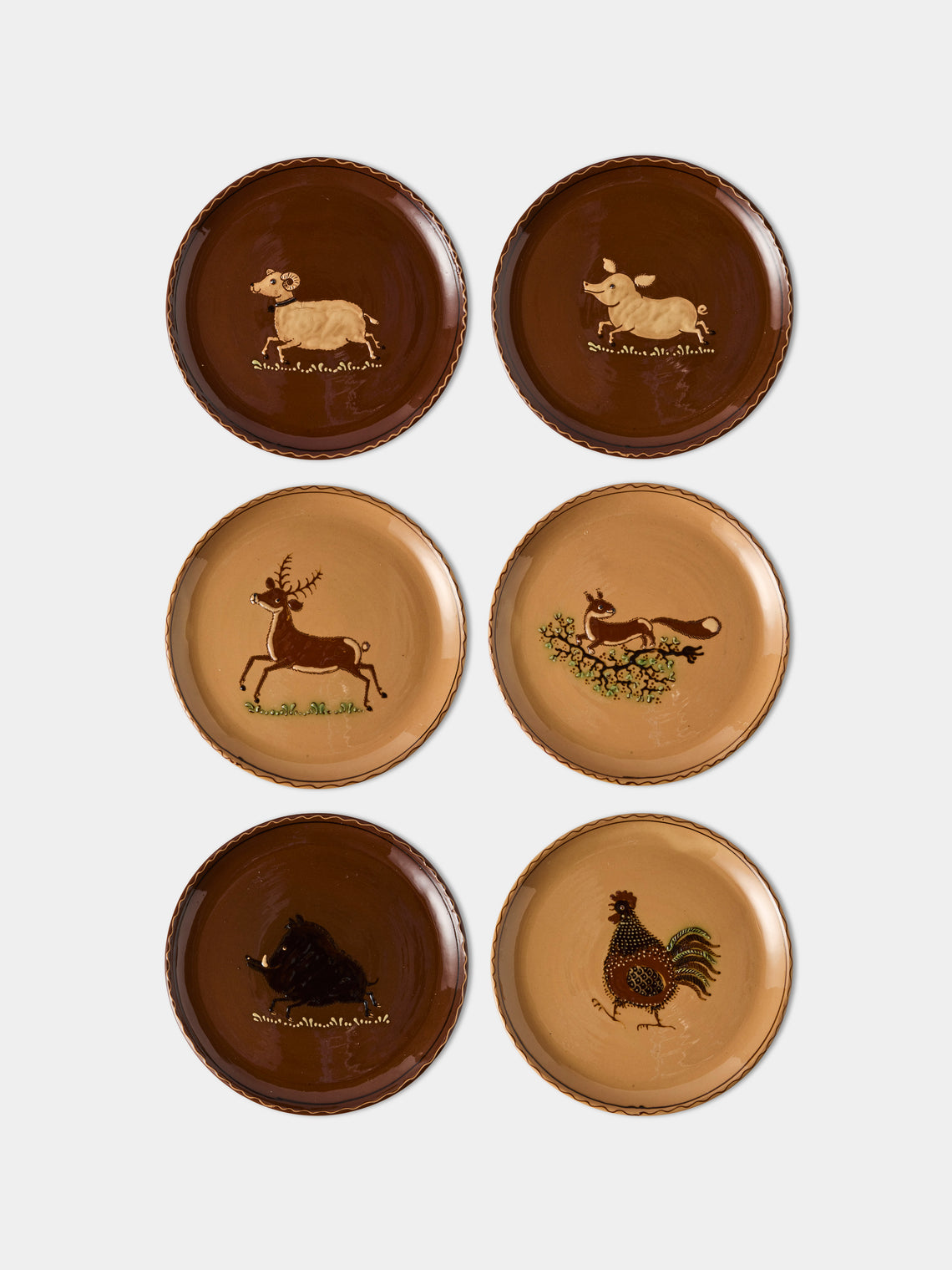 Poterie d’Évires - Animals Hand-Painted Ceramic Dinner Plates – 9.5in/24cm (Set of 6) - Brown - ABASK - 