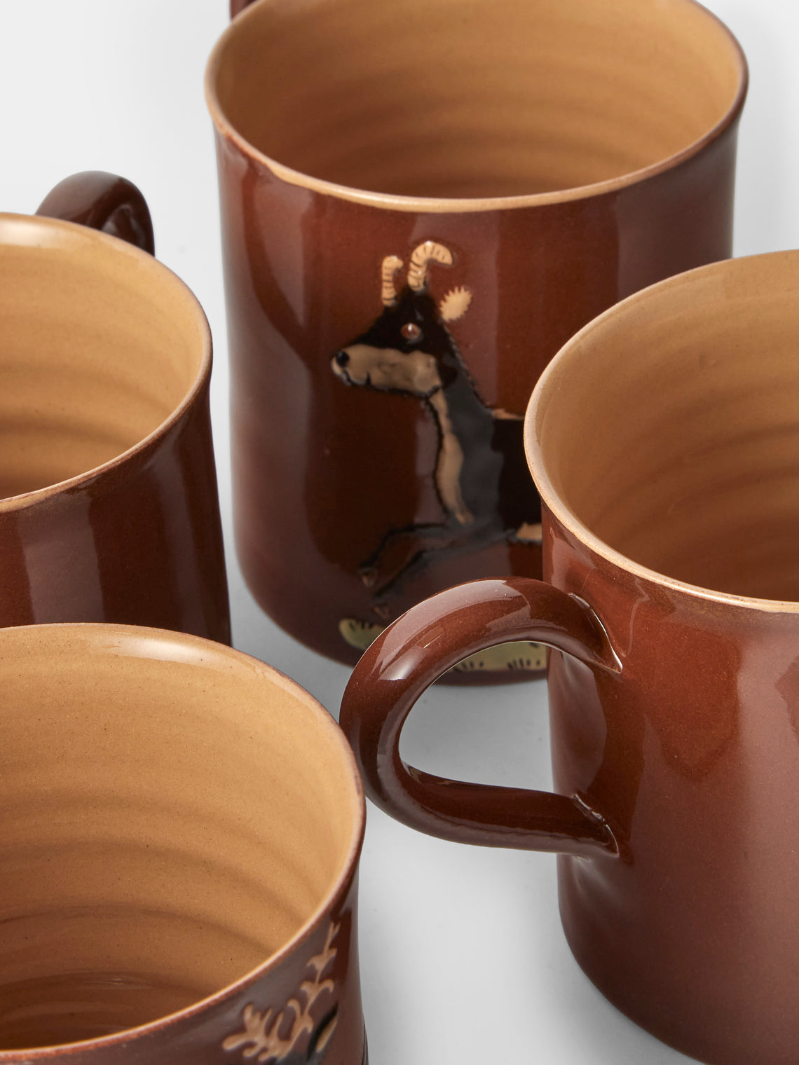 Poterie d’Évires - Animals Hand-Painted Ceramic Mugs (Set of 4) - Light Brown - ABASK