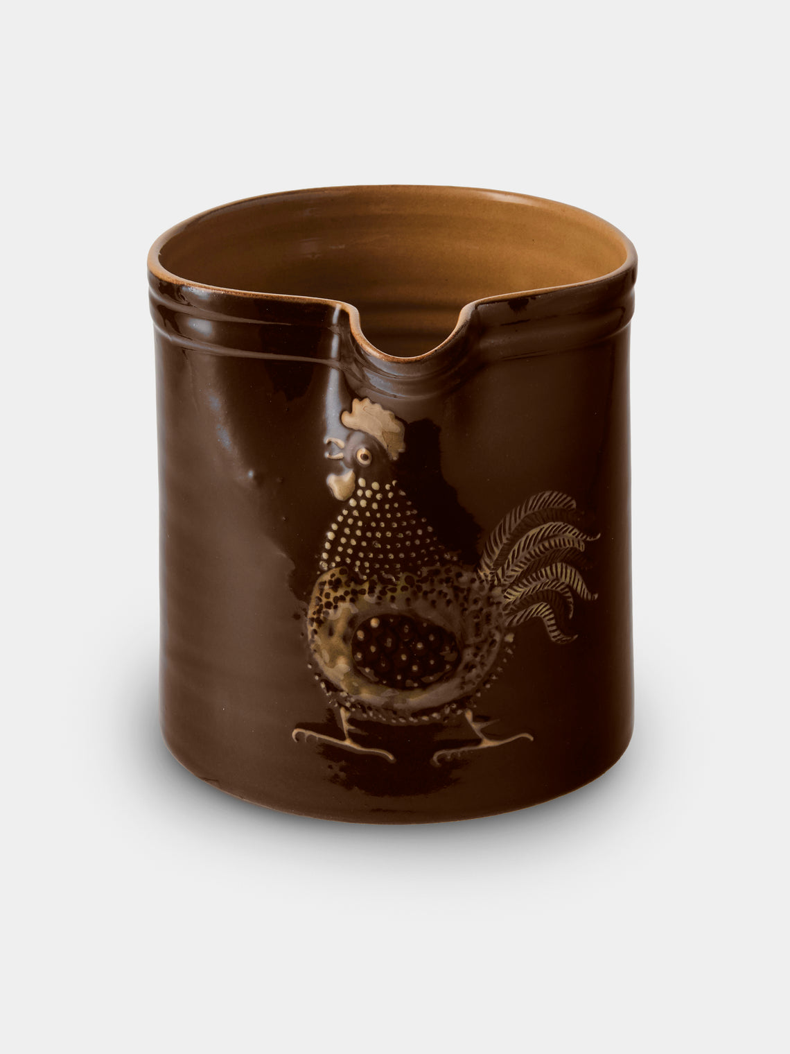 Poterie d’Évires - Chickens Hand-Painted Ceramic Straight-Edge Medium Jug - Dark Brown - ABASK