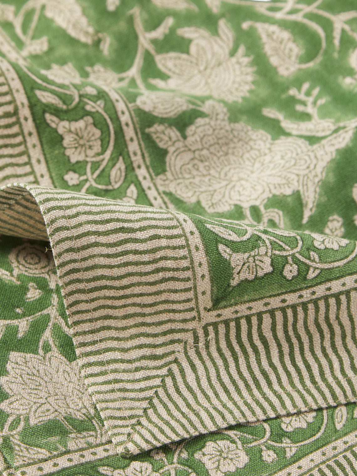 Chamois - Parrot Block-Printed Linen Rectangular Tablecloth (138in/3.5m) - Green - ABASK
