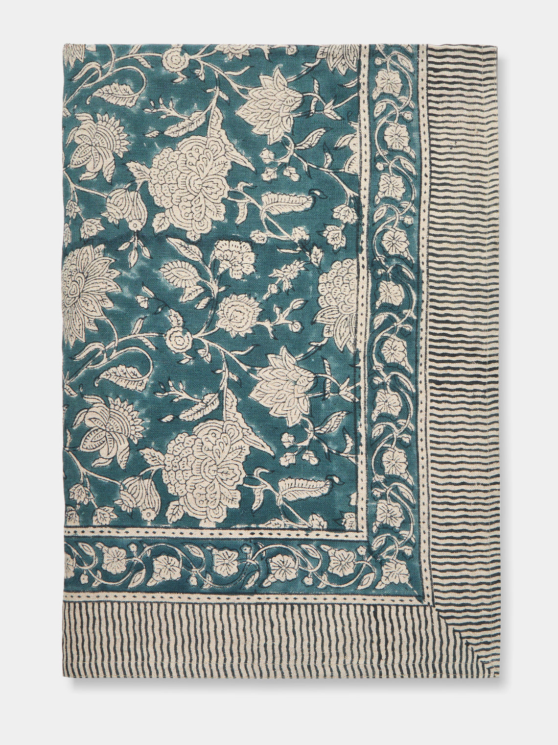 Chamois - Indian Rose Block-Printed Linen Rectangular Tablecloth - Blue - ABASK - 