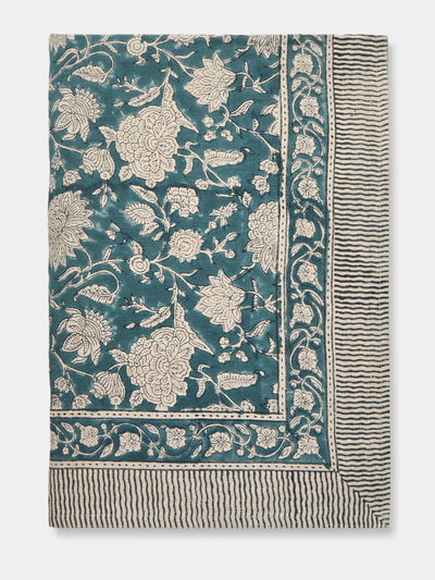 Chamois - Indian Rose Block-Printed Linen Rectangular Tablecloth - Blue - ABASK - 