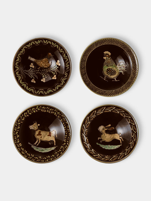 Poterie d’Évires - Animals Hand-Painted Ceramic Breakfast Bowls (Set of 4) - Dark Brown - ABASK - 
