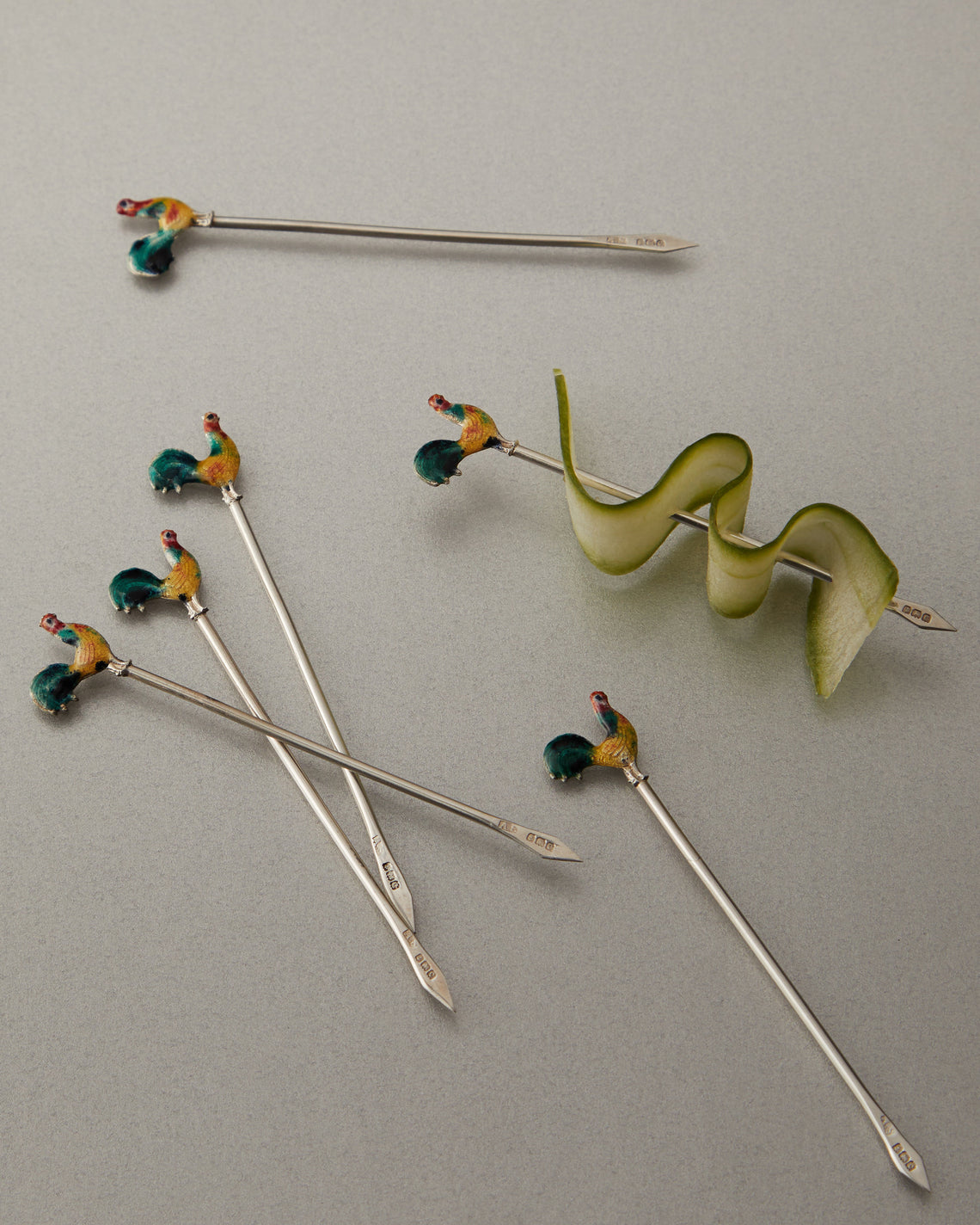 Antique and Vintage - 1927 Cockerel Enamelled Sterling Silver Cocktail Picks (Set of 6) -  - ABASK