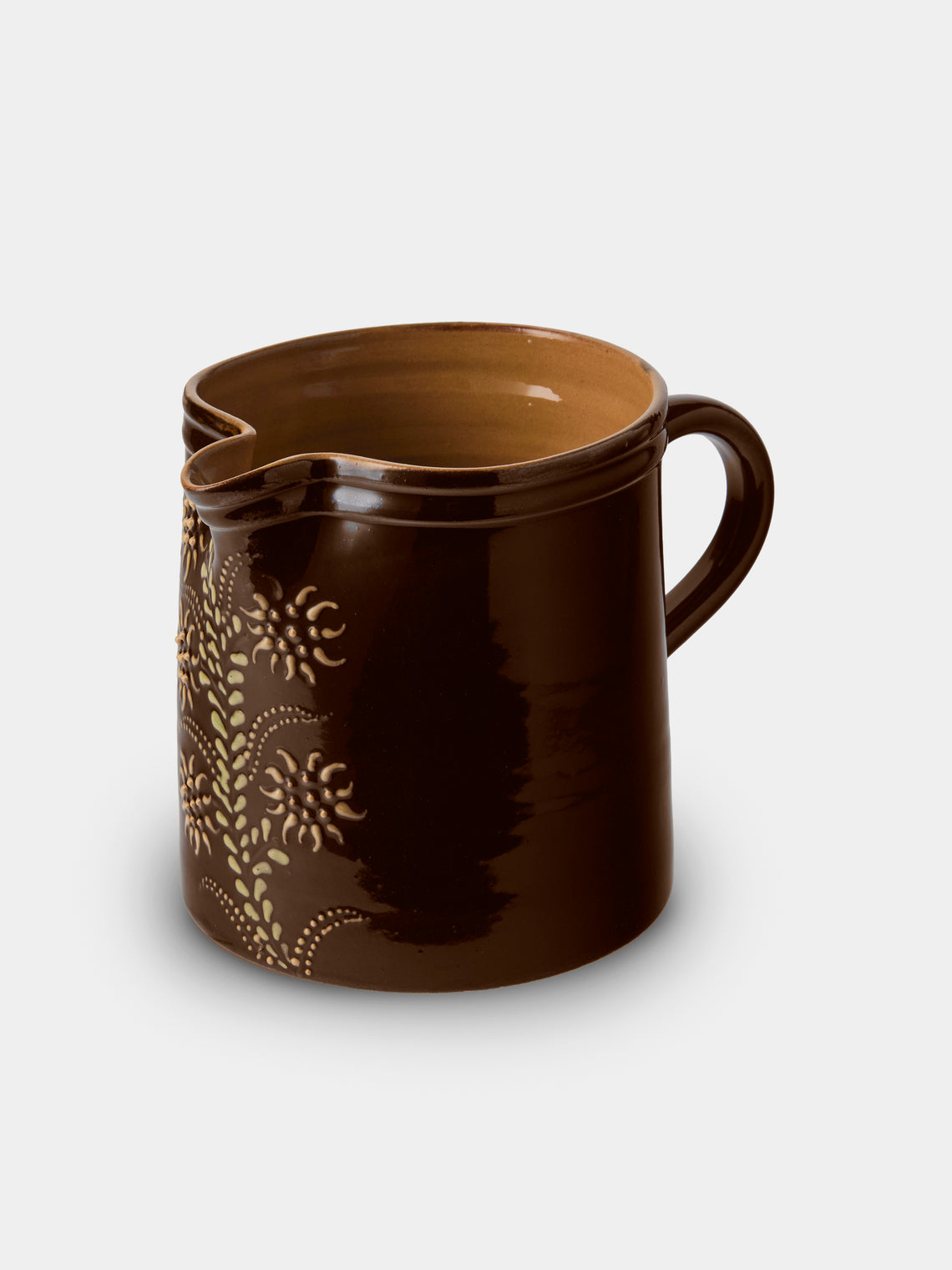 Poterie d’Évires - Flowers Hand-Painted Ceramic Straight-Edge Medium Jug - Dark Brown - ABASK - 