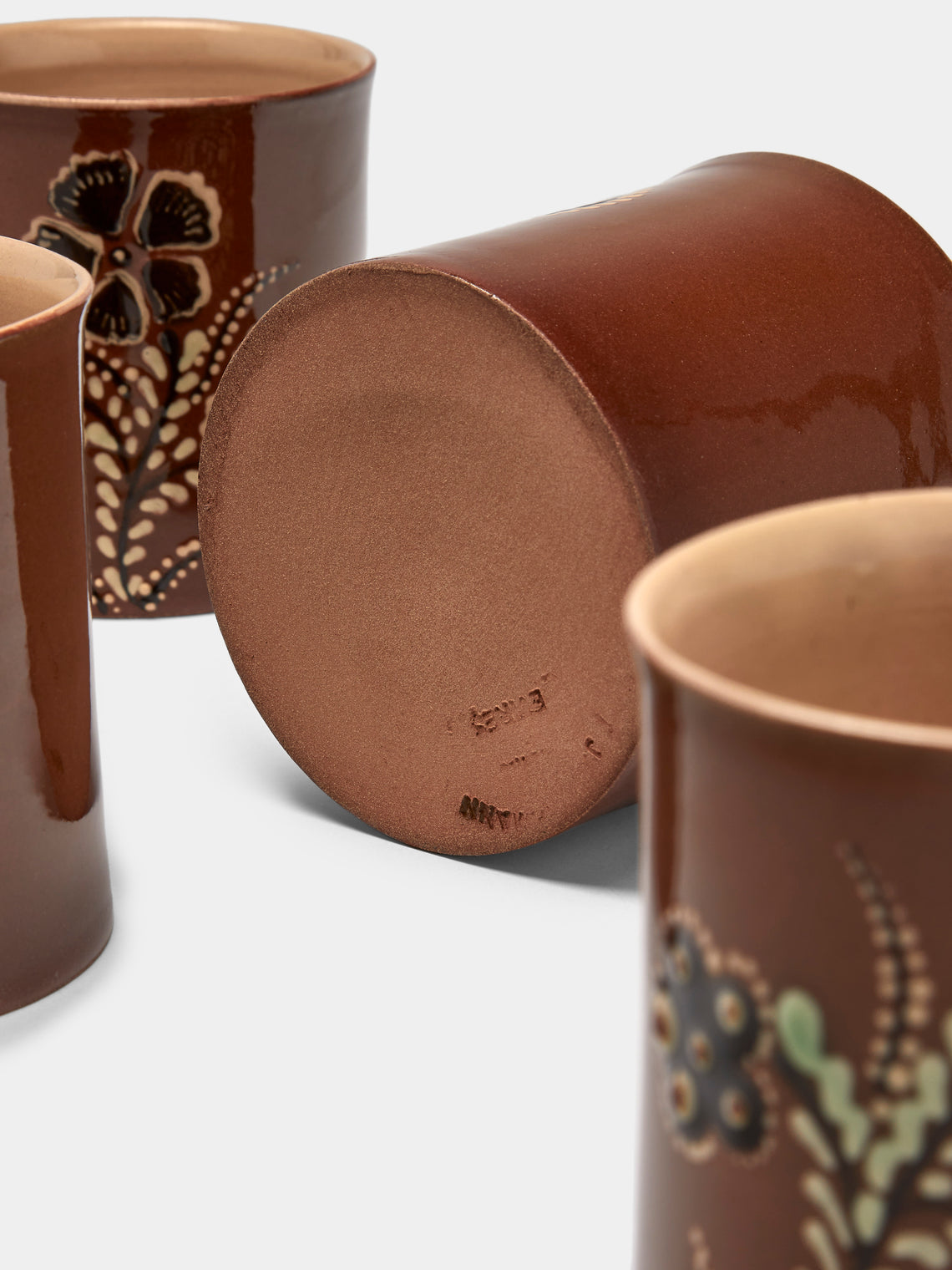 Poterie d’Évires - Flowers and Hearts Hand-Painted Ceramic Mugs (Set of 4) - Light brown - ABASK